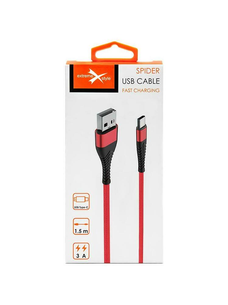 Laidas USB - USB Type-C, eXtreme SPIDER, armuotas, 150cm, raudonas