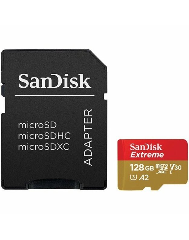 SanDisk Extreme microSDXC 128GB for Action Cams and Drones + SD Adapter 160MB/s A2 C10 V30 UHS-I U3