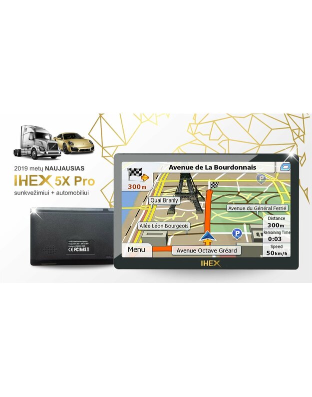 NAUJAUSIAS GPS NAVIGACIJOS MODELIS IHEX 5X 5" EKRANAS, AUTOMOBILIUI IR SUNKVEŽIMIUI