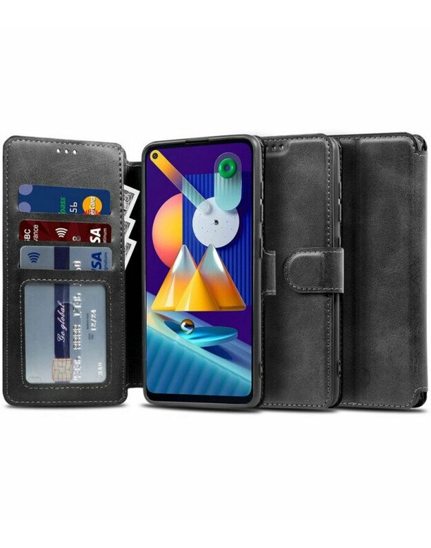 Juodas atverčiamas dėklas Samsung Galaxy M11 telefonui "Tech-protect Wallet"