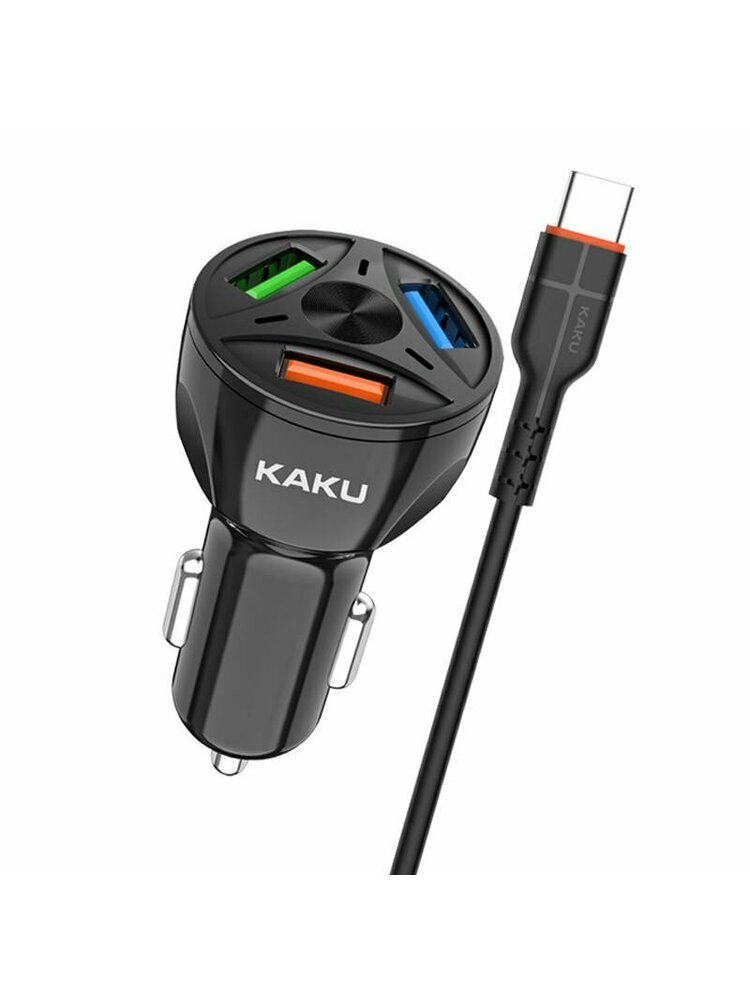 Car Charger 20W 4,8A QC3.0 3xUSB + Cable USB Type C KAKU Three Port Quick Charge 3.0 Car Charger with USB-C Cable (KSC-493) black