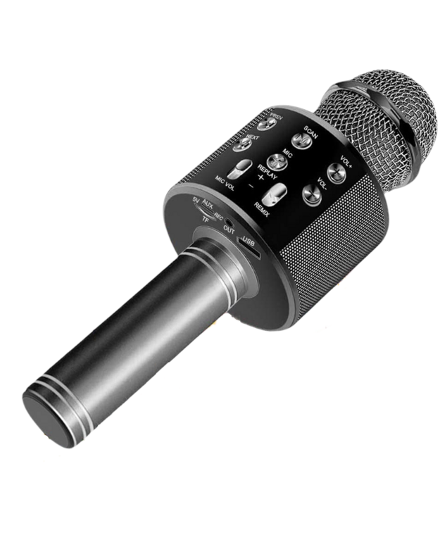 Belaidis mikrofonas karaokei su atkūrimo valdikliu juodas