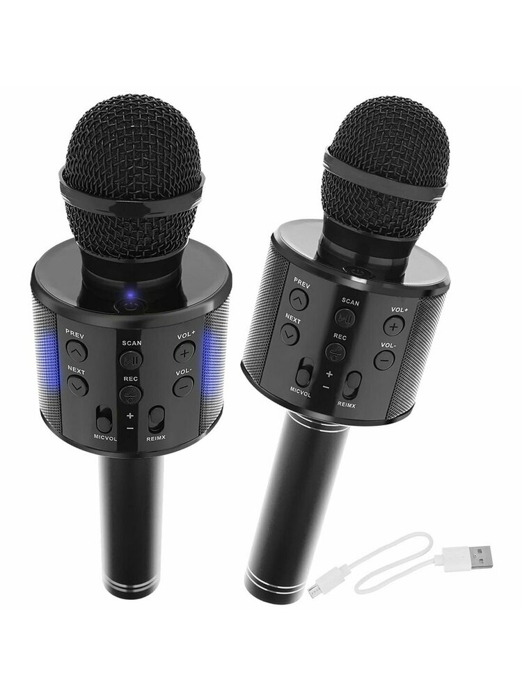 Belaidis mikrofonas karaokei su atkūrimo valdikliu juodas