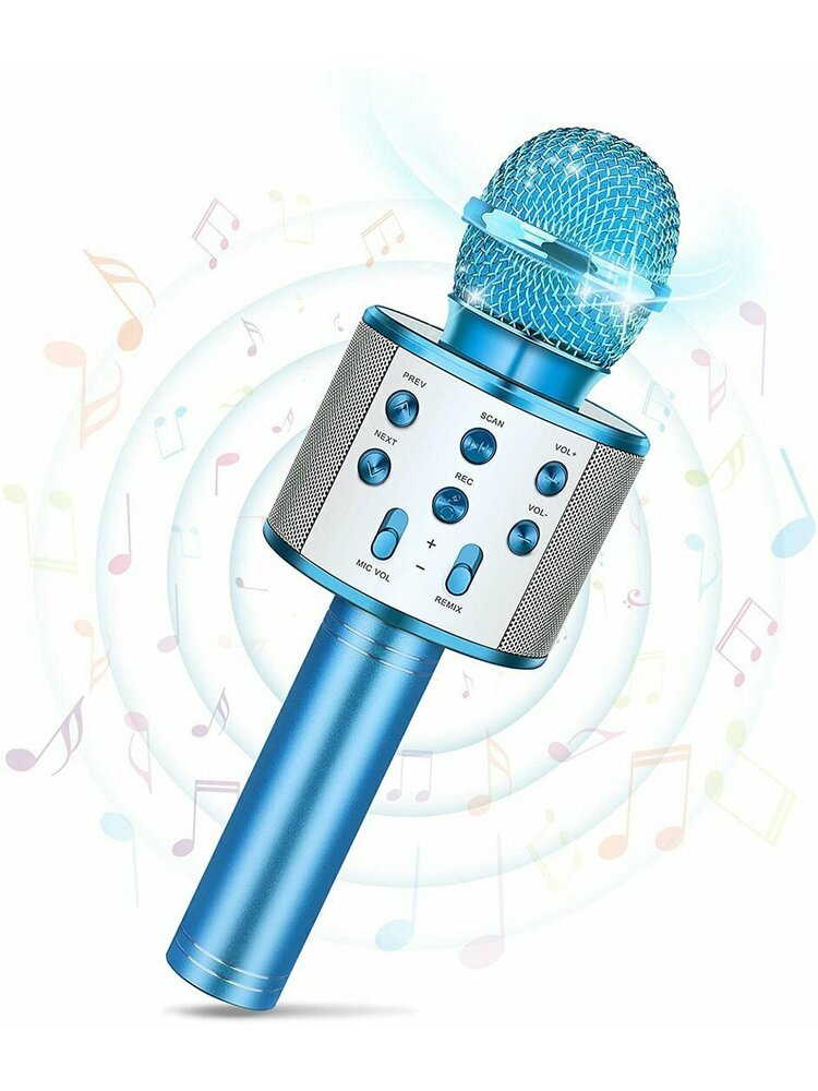 Belaidis mikrofonas karaokei su atkūrimo valdikliu mėlynas