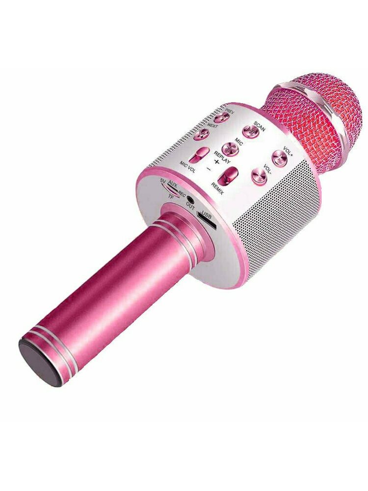 Belaidis mikrofonas karaokei su atkūrimo valdikliu rožinis