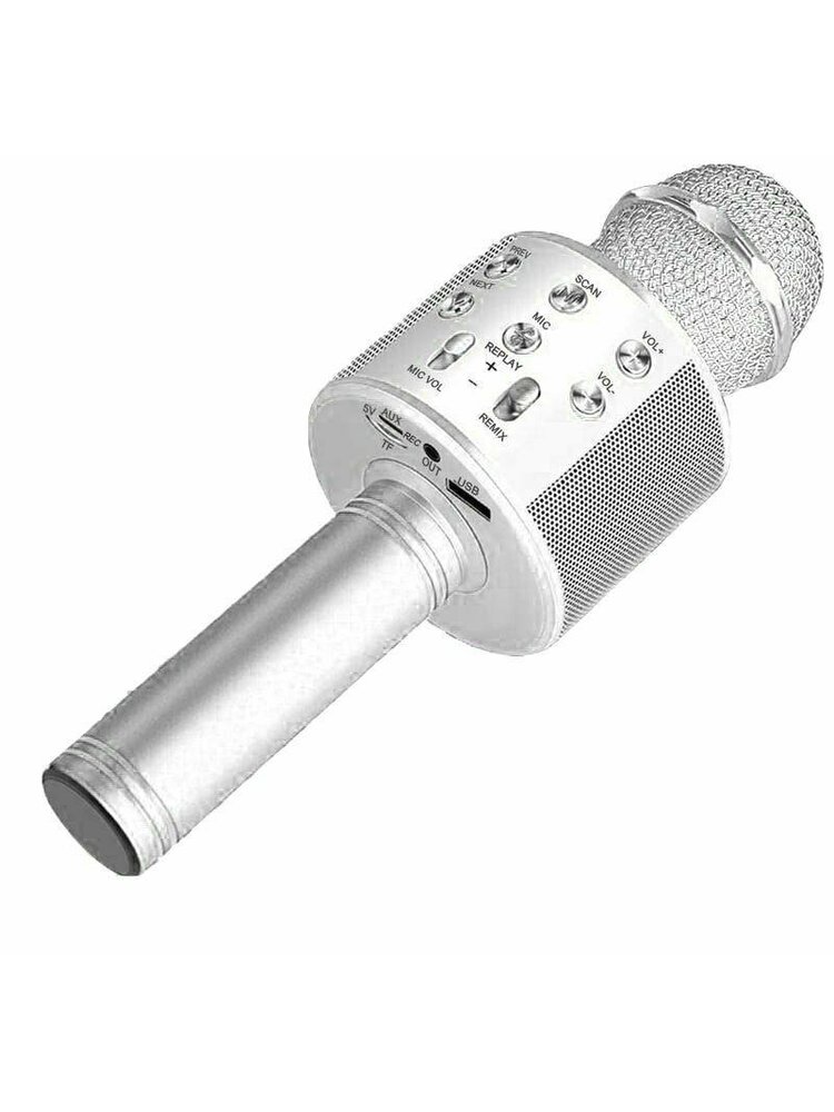 Belaidis mikrofonas karaokei su atkūrimo valdikliu sidabrinis
