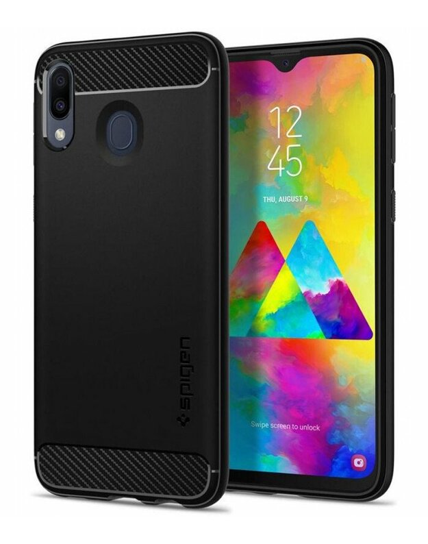 Matinis juodas dėklas Samsung Galaxy M20 telefonui "Spigen Rugged Armor"