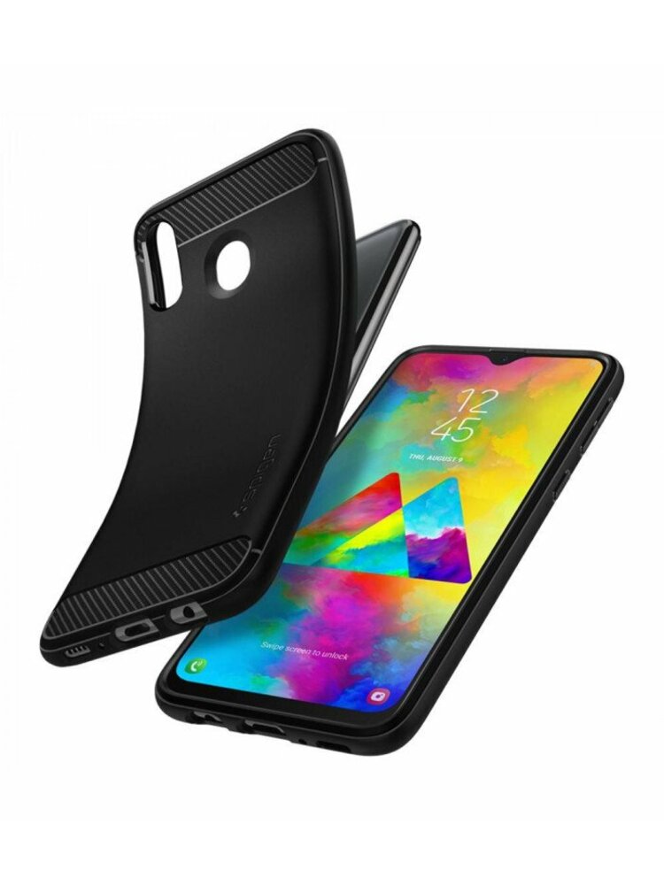 Matinis juodas dėklas Samsung Galaxy M20 telefonui "Spigen Rugged Armor"