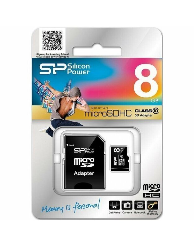 Silicon Power SP008GBSTH010V10-SP 8GB MicroSDHC Class10 wSDadapt atminties kortelė