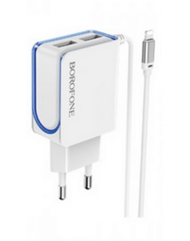 Įkroviklis buitinis Borofone BA35A su dviem USB jungtimis + Lightning (2.1A) baltas 