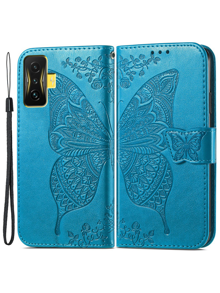 Butterfly piniginės dėklas, skirtas Xiaomi Poco F4 GT, Butterfly, mėlynas