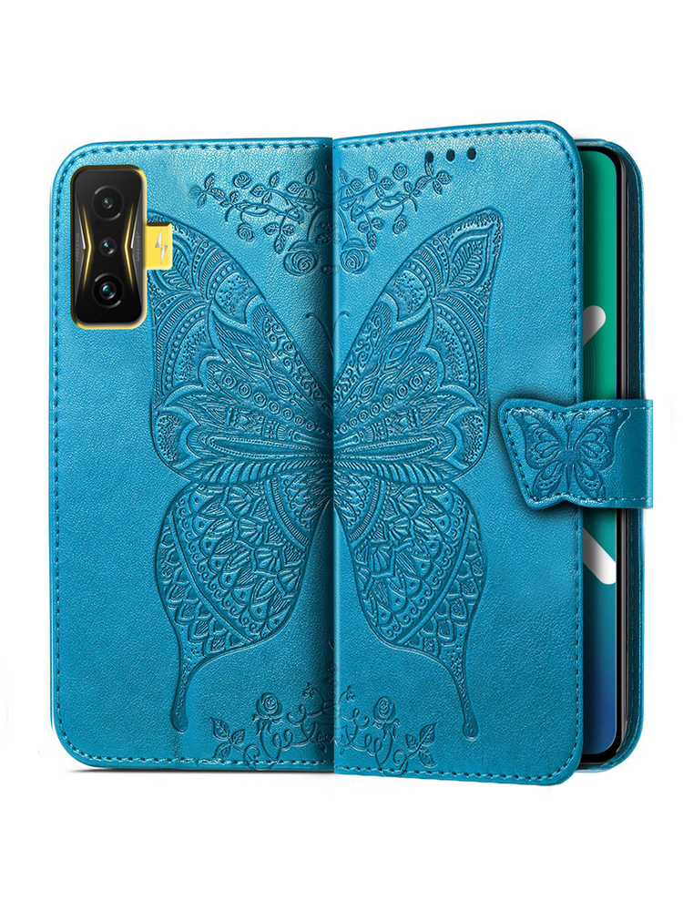 Butterfly piniginės dėklas, skirtas Xiaomi Poco F4 GT, Butterfly, mėlynas