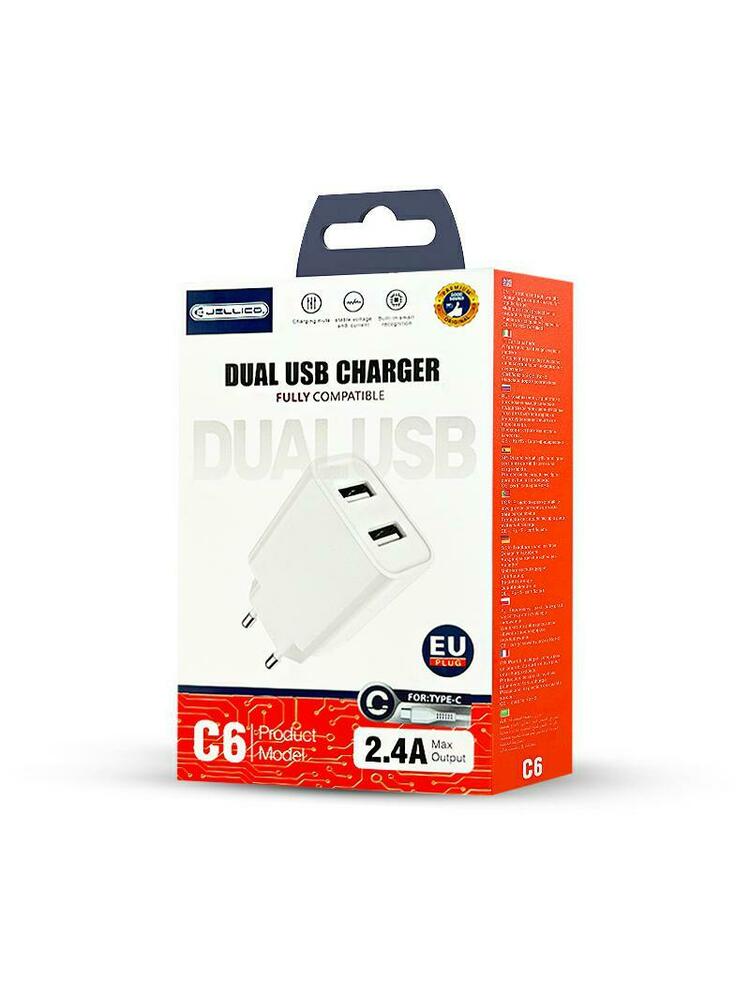 C Type kroviklis su laidu JELLICO SET C6 2xUSB + TYPE C 2. 4A balta