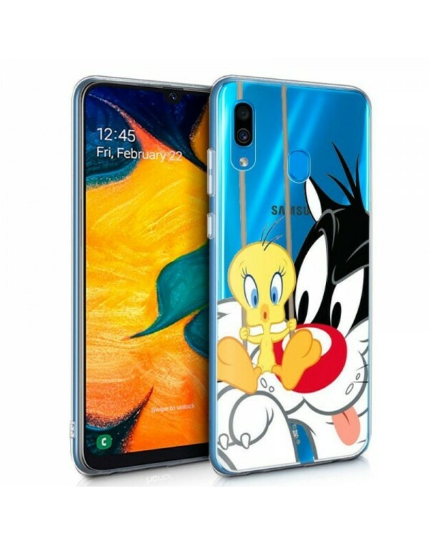 WARNER BROS LOONEY TUNES SYLVESTER IR TWEETY 002 TPU APSAUGINIS DĖKLAS, SKIRTAS SAMSUNG GALAXY A20E SKAIDRUS