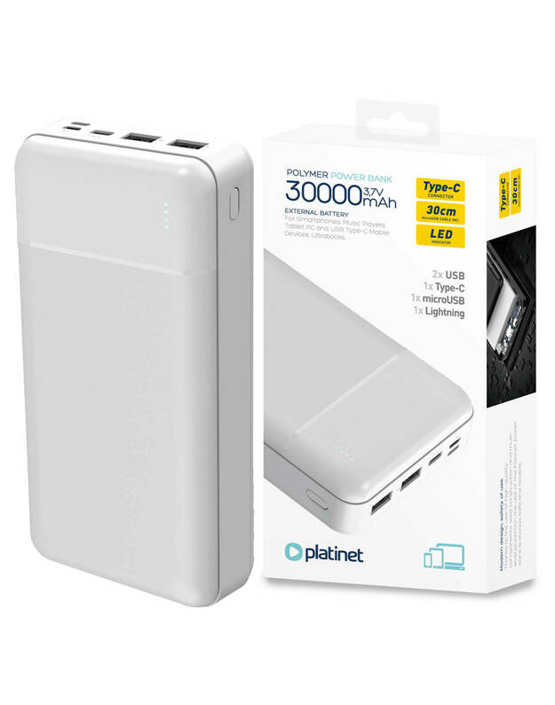 Power Bank 30000mAh (2xUSB + USB Type C + Micro USB + Apple Lightning) Platinet polimeras ABS tekstūra juoda išorinė baterija (45725) balta