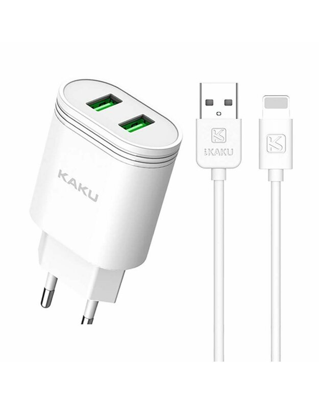 Sieninis įkroviklis 2.4A 2xUSB + USB laidas iPhone Lightning 1m KAKU QIFAN Dual Port Smart Charger EU (KSC-372) baltas