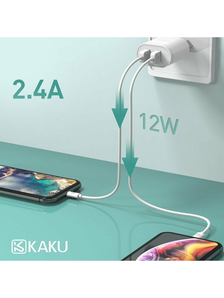 Sieninis įkroviklis 2.4A 2xUSB + USB laidas iPhone Lightning 1m KAKU QIFAN Dual Port Smart Charger EU (KSC-372) baltas
