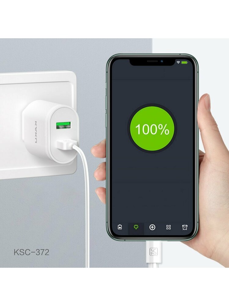 Sieninis įkroviklis 2.4A 2xUSB + USB laidas iPhone Lightning 1m KAKU QIFAN Dual Port Smart Charger EU (KSC-372) baltas