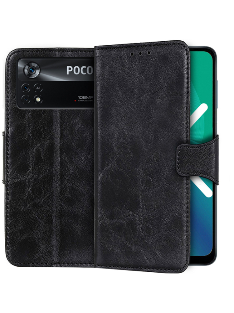 Crazy Horse Leather Piniginės dėklas, skirtas Xiaomi Poco X4 Pro 5G, juodas