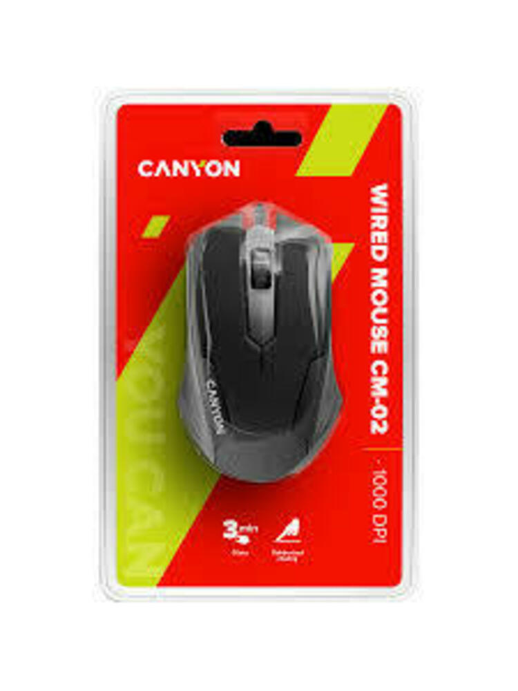 CANYON CM-02 laidinė optinė pelė su 3 mygtukais, DPI 1000, juoda, laido ilgis 1,25m, 120*70*35mm