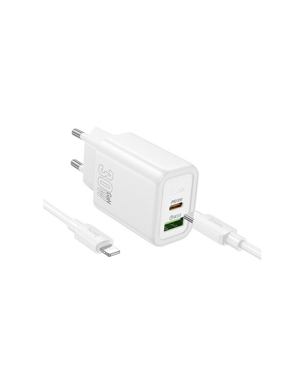 Įkroviklis Hoco N63 30W GaN USB-C/USB-A + USB-C į Lightning kabelis 1.0m baltas