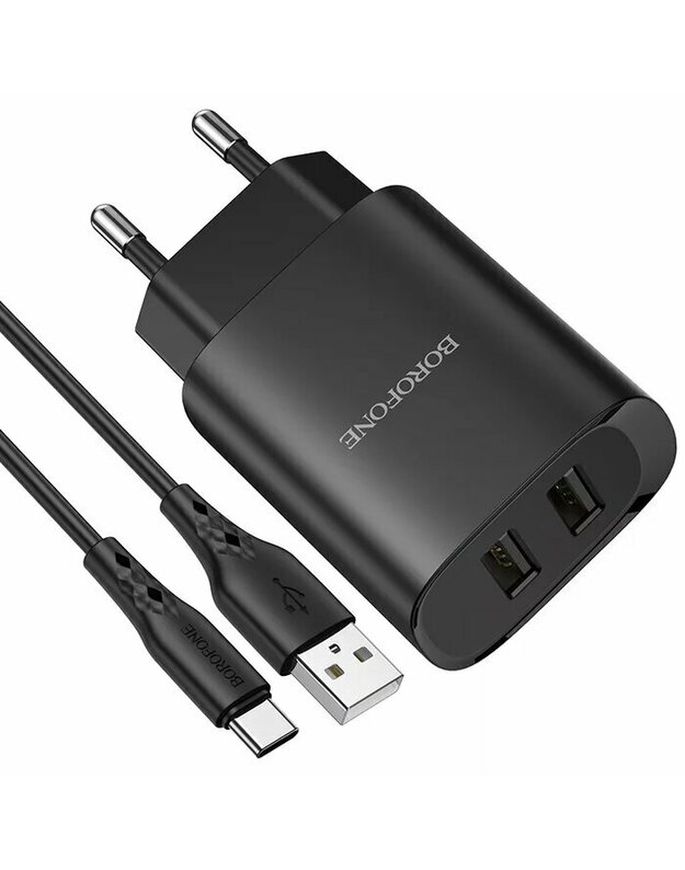 Borofone BN2 telefono įkroviklis USB / 5V / 2.1A / 10.5W + USB-C laidas, juodas