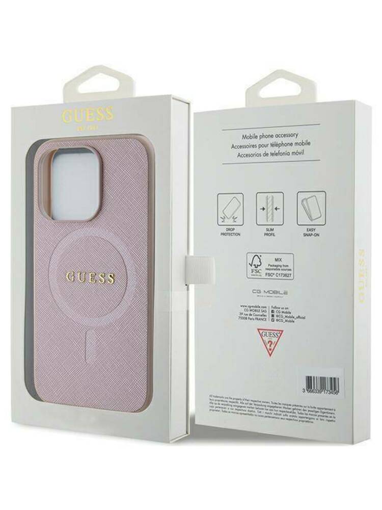 Originalus dėklas APPLE IPHONE 15 PRO Guess Hardcase Saffiano MagSafe (GUHMP15LPSAHMCP) rožinis