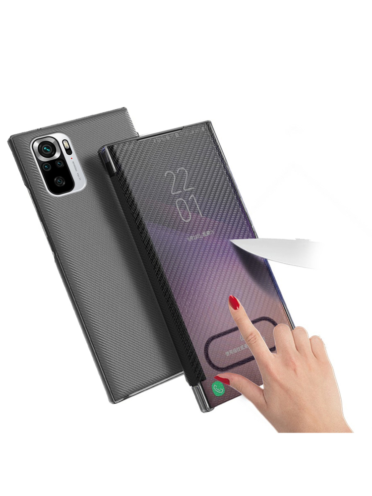 Carbon Fiber Folio Flip dėklas, skirtas Xiaomi Redmi Note 10 / 10S, juodas