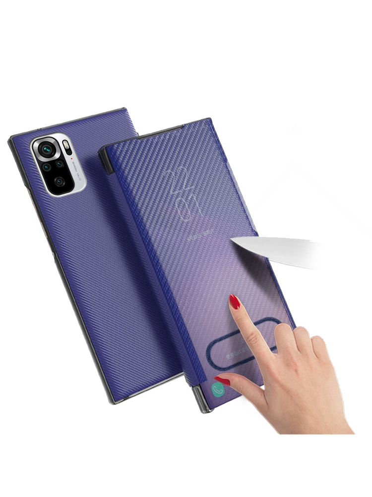 Carbon Fiber Folio Flip dėklas, skirtas Xiaomi Redmi Note 10 / 10S, mėlynas