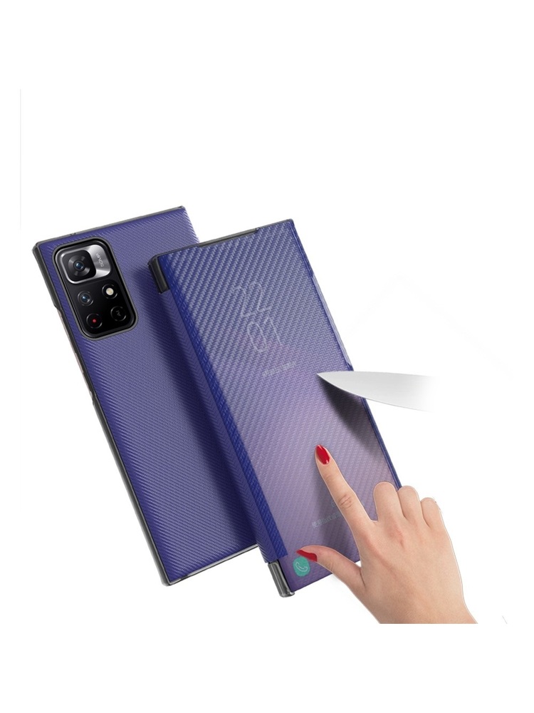 Etui Carbon Fiber Folio Flip do Xiaomi Redmi Note 11 5G / Poco M4 Pro 5G, juodas