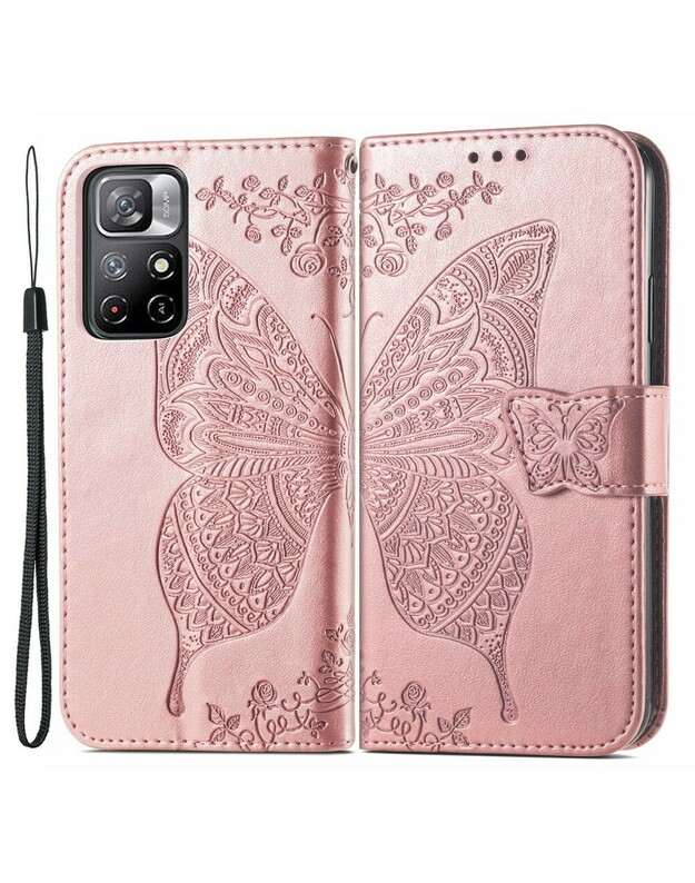 Etui Wallet do Xiaomi Redmi Note 11 5G / Poco M4 Pro 5G , drugelis auksinis/rožinis